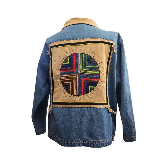 Don’t Mess With Texas Denim Jacket Women L Blue Western Boho Aztec Embroidered - Picture 2 of 15